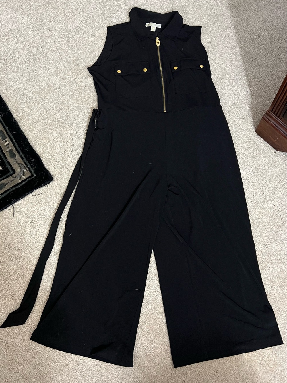 Michael Kors XL Black Sleeveless Zip-Front Jumpsuit with Gold Accents